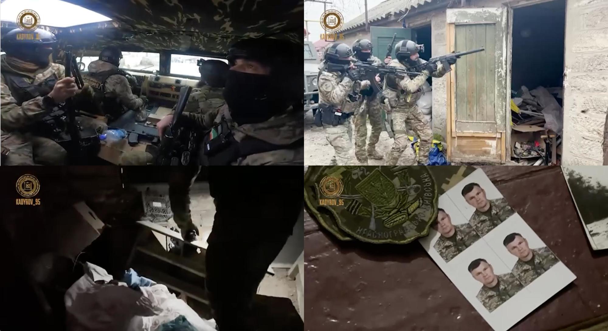 一支效忠於俄羅斯聯邦車臣共和國首腦卡德羅夫（Ramzan Kadyrov）的「車臣特種部隊」，在烏克蘭戰區行動的官方宣傳頻道Kadyrov_95發布影片中，呈現一場假攻堅與查獲證物的片段，搭配好萊塢式的背景音樂，增加懸疑、危險氣氛，即使找出來的照片、武器、證據，就是他們自己放的。（圖片來源／雅谷波娜提供影片的截圖拼貼）