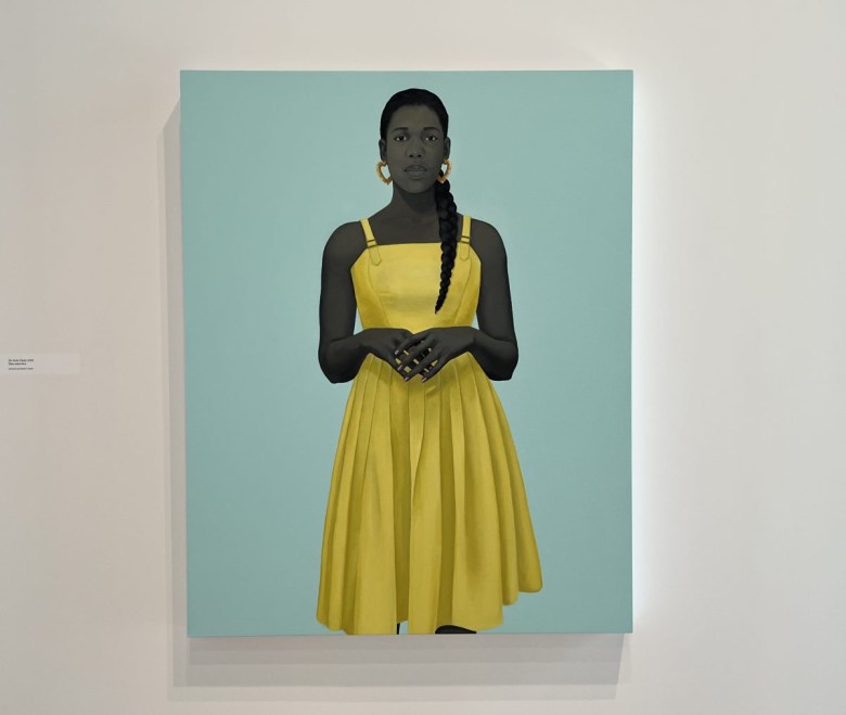 Amy Sherald, “Untitled (Opal)” (2019), oil on linen, from the artist’s solo exhibition American Sublime at the Whitney Museum of American Art in New York (photo Hakim Bishara/Hyperallergic)