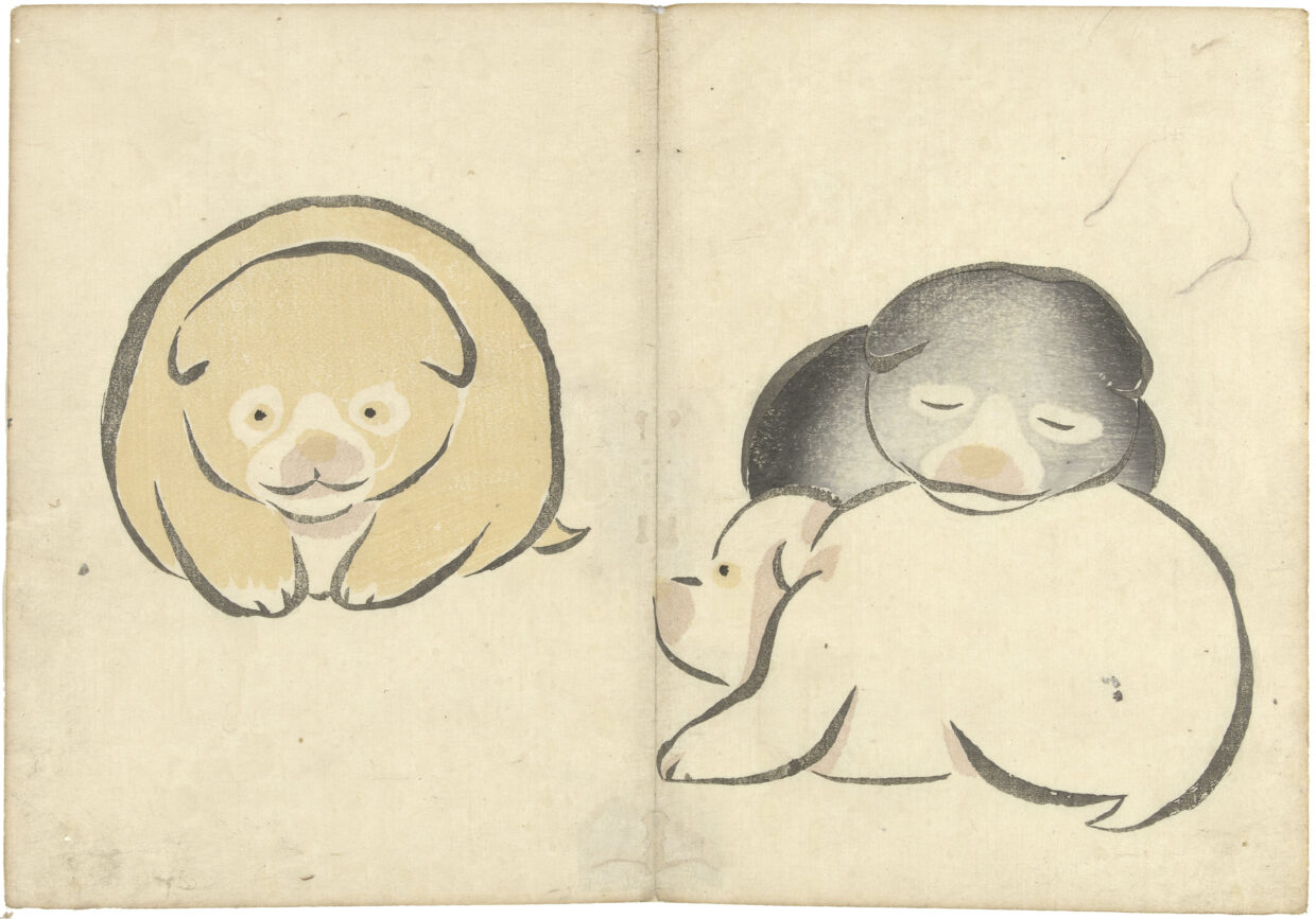 Three Young Dogs 三只小狗 Attributed to Nakamura Hôchû, Japanese, 1826, color woodcut