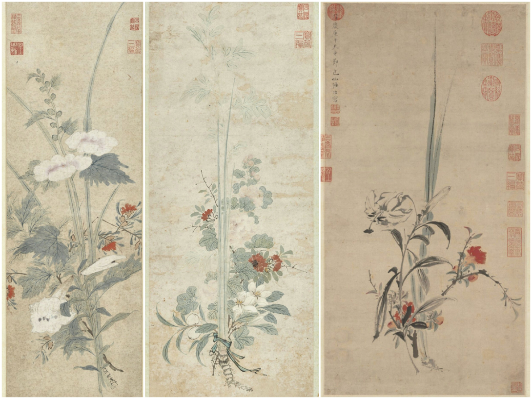 从左至右依次为：明 刘广 《端阳景图》台北故宫博物院藏；明 孙克弘 《端阳景图》台北故宫博物院藏；明 陆治 《榴花小景图》台北故宫博物院藏