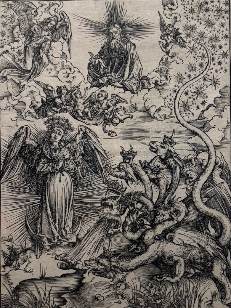 Albrecht Dürer, “The Woman Dressed in the Sun and the Dragoon” (Latin edition of 1511), woodcut)