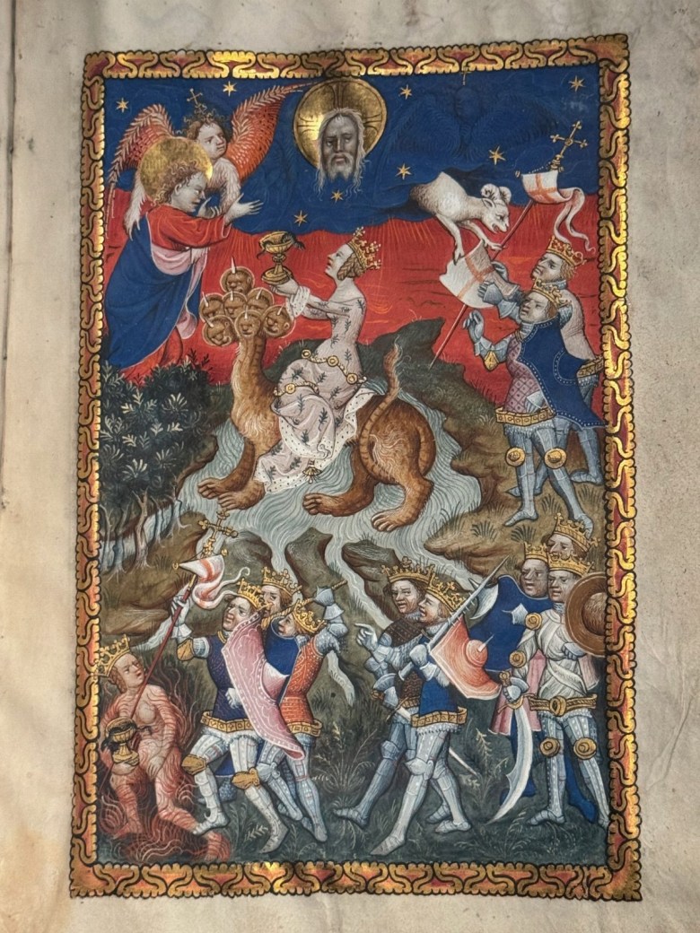 Detail of an unrecorded illuminator’s judgment of the Whore of Babylon, Flemish Apocalypse Manuscript (c. 1400), produced in the southern low countries, held in the BnF’s département des Manuscrits Néerlandais #3, folio 20 recto