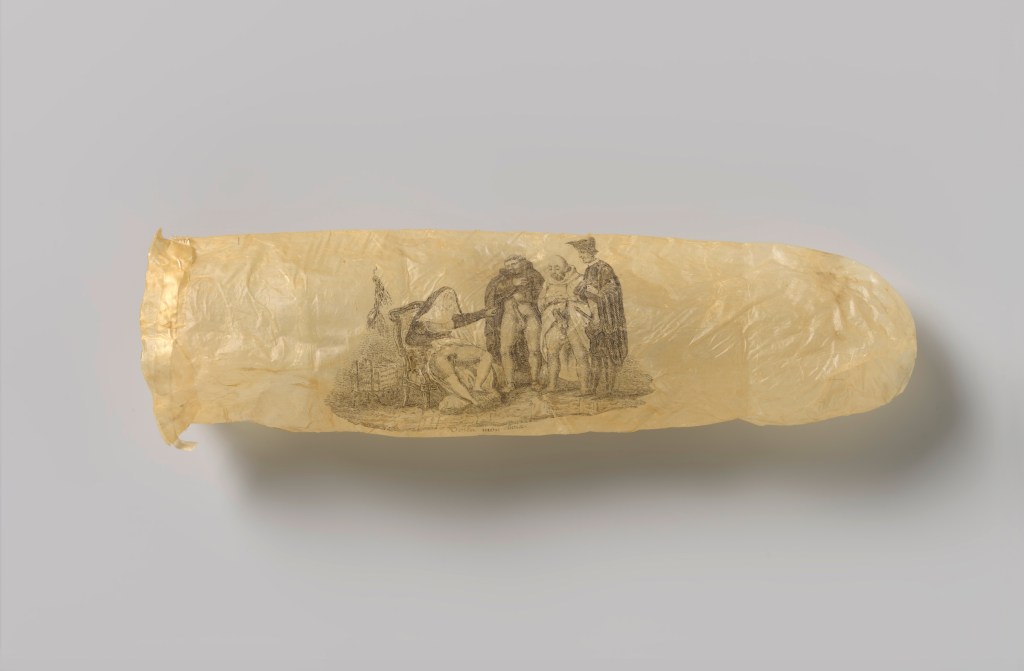 Let’s get inky! A 19th-century condom etched with an erotic print is now on view at the Rijksmuseum in Amsterdam in a display of various historical objects surrounding sex work and sexual health. Depicting an exposed nun pointing at three aroused clergymen, the condom is made of sheep intestine and dated to approximately 1830, when it was likely a souvenir from a luxury brothel in France.
