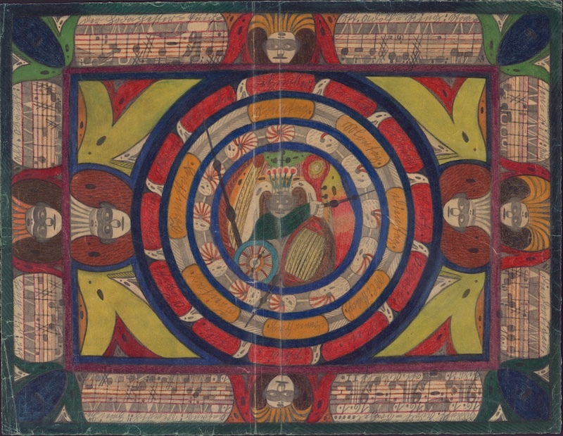 阿道夫·沃尔夫利，《无题（布达佩斯时间轮）》，约1922年，纸上彩铅及铅笔，50.4×65.3厘米。洛桑原生艺术收藏（瑞士）。© Arnaud Conne，数字化工作室-洛桑市