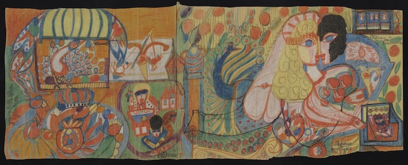 阿洛伊丝·科巴兹，《无题（万森讷城堡）》，1941-1951年，彩色铅笔绘于缝合在一起的两张纸上，69.5×175.22厘米。洛桑原生艺术收藏（瑞士）。© Claudina Garcia，数字化工作室-洛桑市。