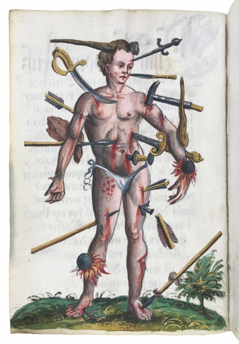 Sebastian Jäger,“Wound Man” (c. 1580),ink and paint on parchment,painted in Vienna,Austria,held in UCLA’s Louise M. Darling Medical Library,MS Benjamin 8,fol. IVv (photo by Jack Hartnell) 塞巴斯蒂安·耶格尔,“伤者”(约 1580 年),墨水和颜料,羊皮纸,维也纳,奥地利绘制,收藏于加州大学洛杉矶分校露易丝·M·达林医学图书馆,MS Benjamin 8,fol. IVv(杰克·哈特内尔 摄)