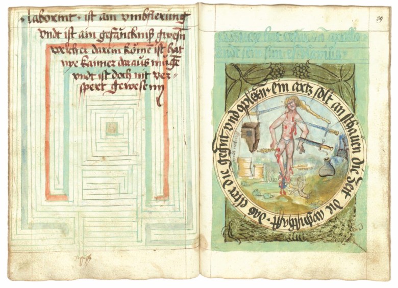 Unrecorded artist,“Labyrinth and Wound Man” (c.1515–19),ink and paint on paper in a German Bild Enzyklopädie,probably made in Bavaria (image public domain PDM 1.0 via Biblioteka Jagiellońska,Kraków,Poland) 无名艺术家,《迷宫与受伤的人》(约1515-19年),纸本设色,德国图画百科全书,可能制作于巴伐利亚(图像公共领域 PDM 1.0,来源:克拉科夫雅盖隆大学图书馆,波兰)