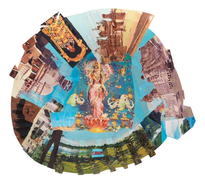 Howardena Pindell, “Autobiography: India (Lakshmi)” (1984), mixed media collage on paper (image courtesy the artist and Garth Greenan Gallery, New York)