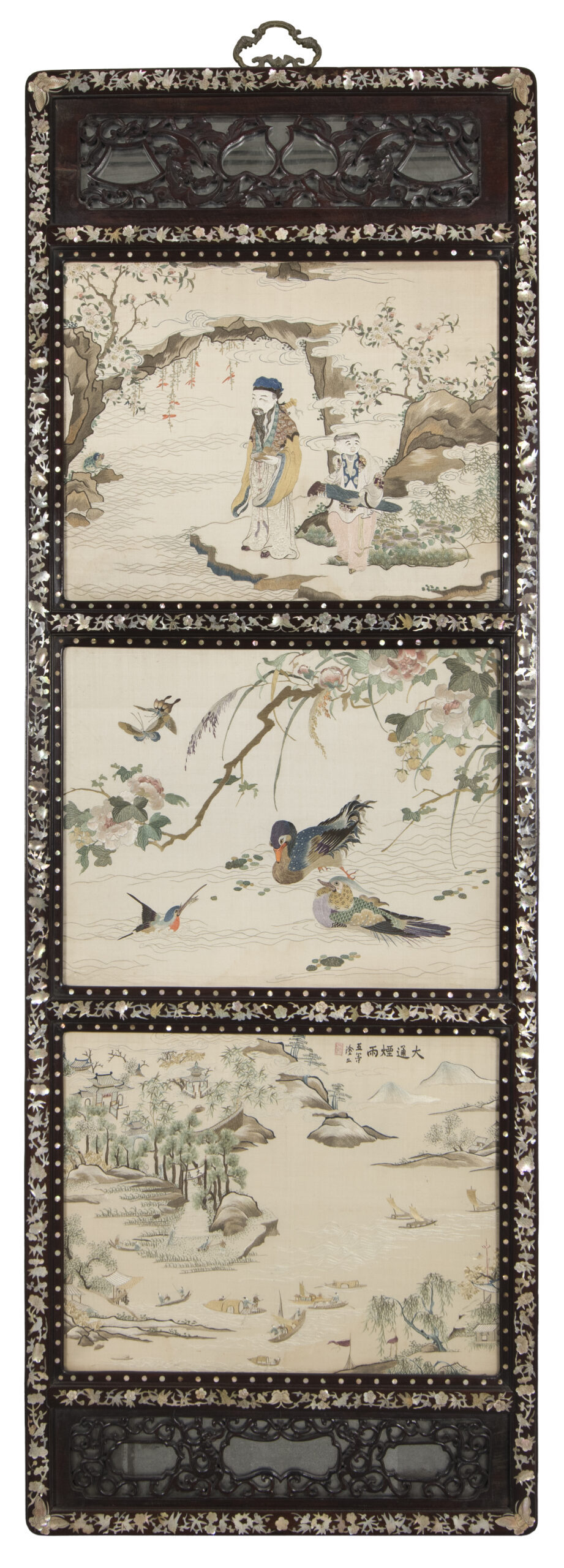 山水挂画八幅：羊城八景之一 清末民初 丝、螺钿、黑木 高175×宽61.4×深3厘米