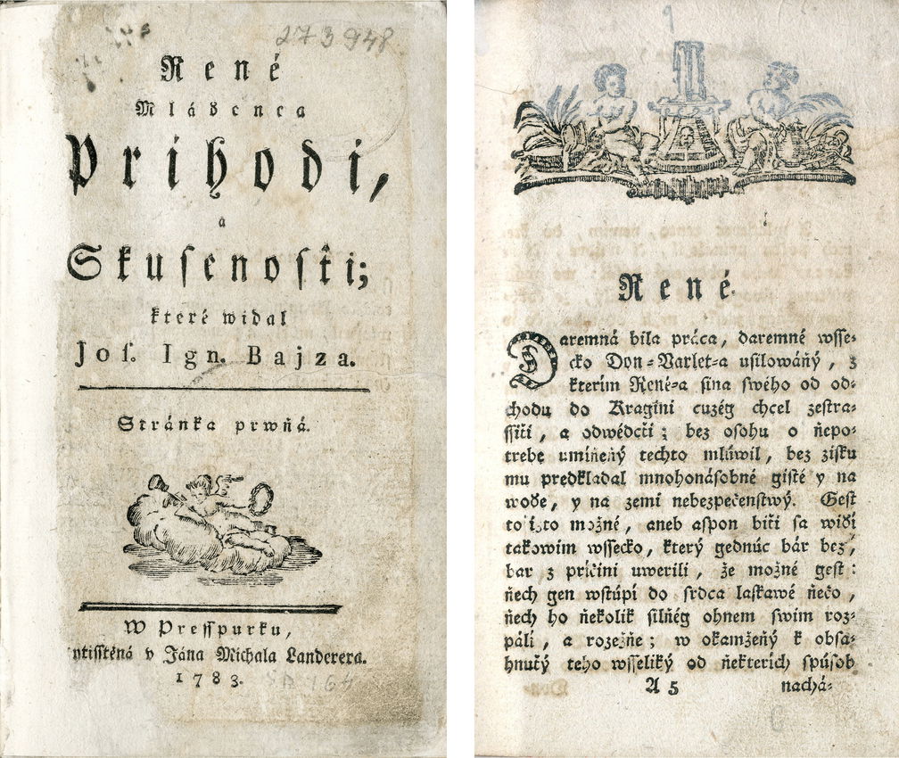 雷内,或:一个年轻人的冒险经历(René mláďenca príhodi a skúsenosťi,1783)的标题和第一页