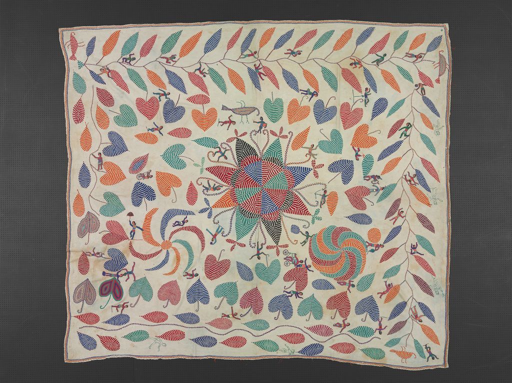 孟加拉地区  20世纪  人物植物纹刺绣床罩