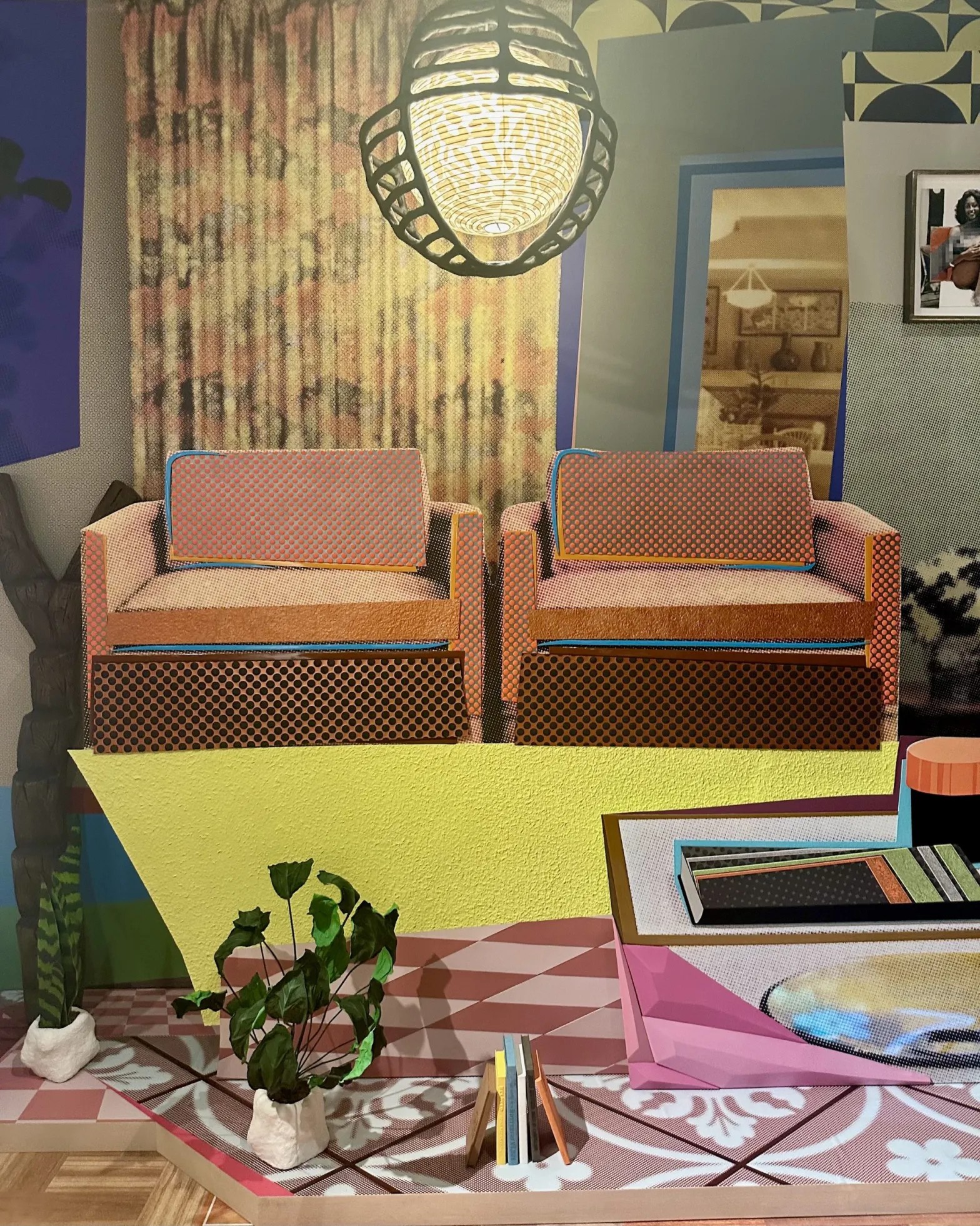 Mickalene Thomas’s l’espace entre les deux (2025)，featuring pulped books and paper-based plant sculptures