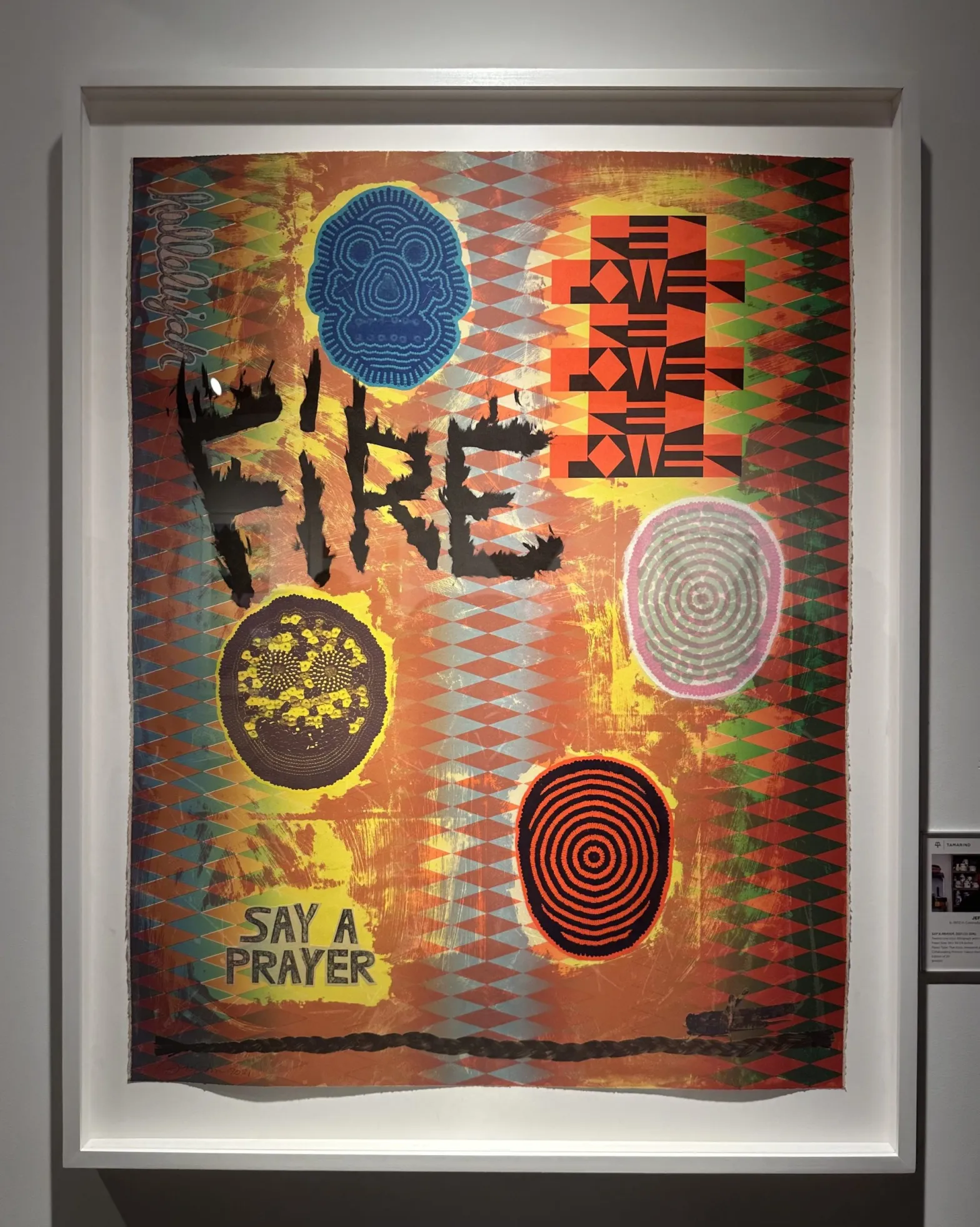 Jeffrey Gibson, “SAY A PRAYER” (2021), 21 color lithograph with chine collé elements, at Tamarind Institute’s booth