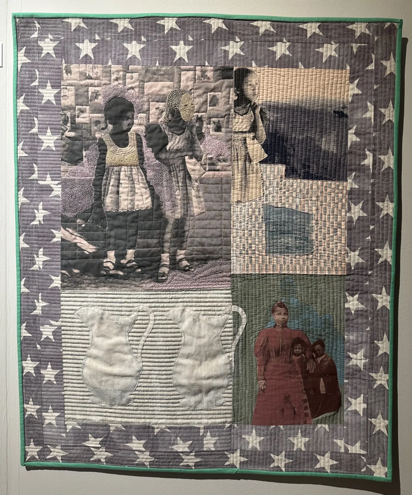 Stephanie M. Santana, “Neighborhood Watch (For Faith)” (2024), screenprint, cyanotype, monotype on cotton textile, embroidery, and thread, at the Black Women in Print collective’s booth