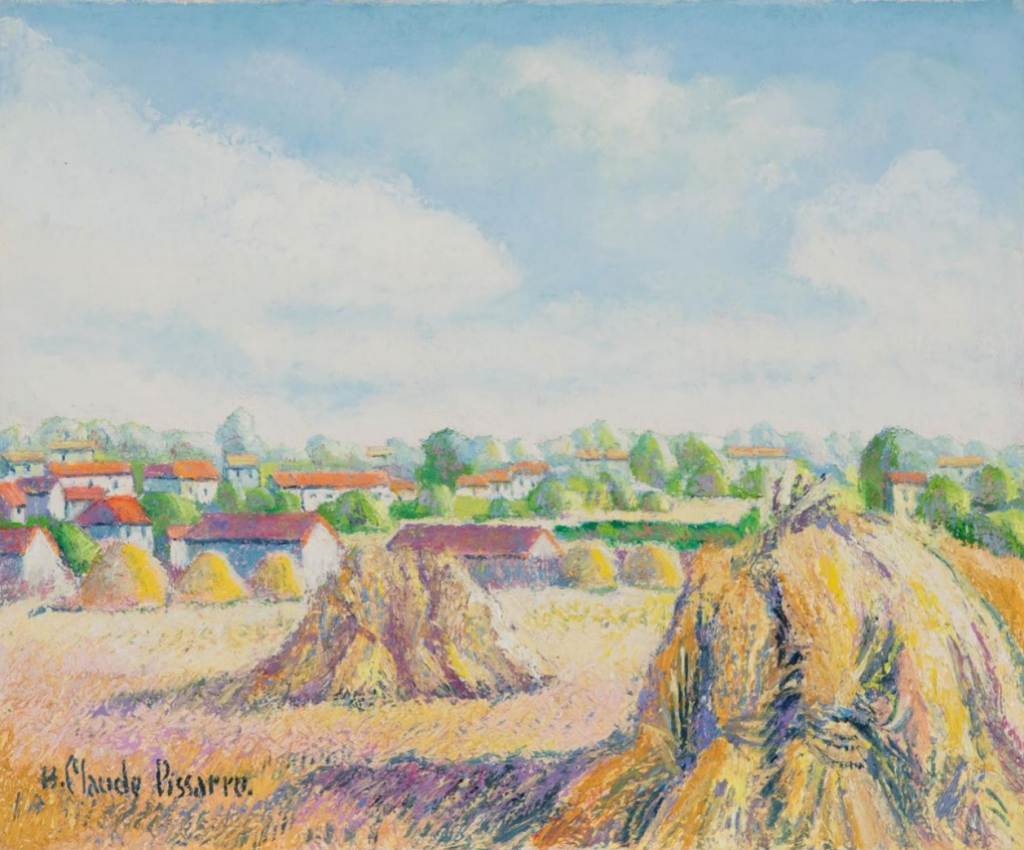 《Moisson chez Jourdon, Forges-les-Bains (Essonne)》（朱尔东家的麦收，福日莱班），H. Claude Pissarro 克劳德·毕沙罗（1935-至今），布面油画，38 x 46 cm