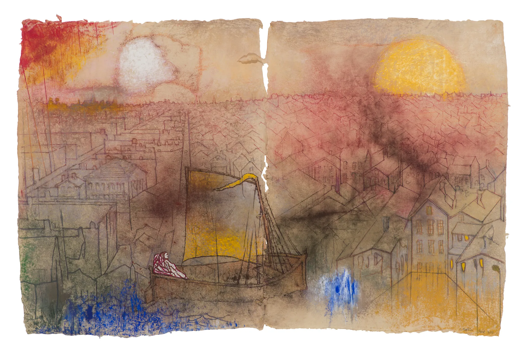 Irving Petlin, “STORMS: Yellow Sail, Chicago” (2012), pastel on handmade paper