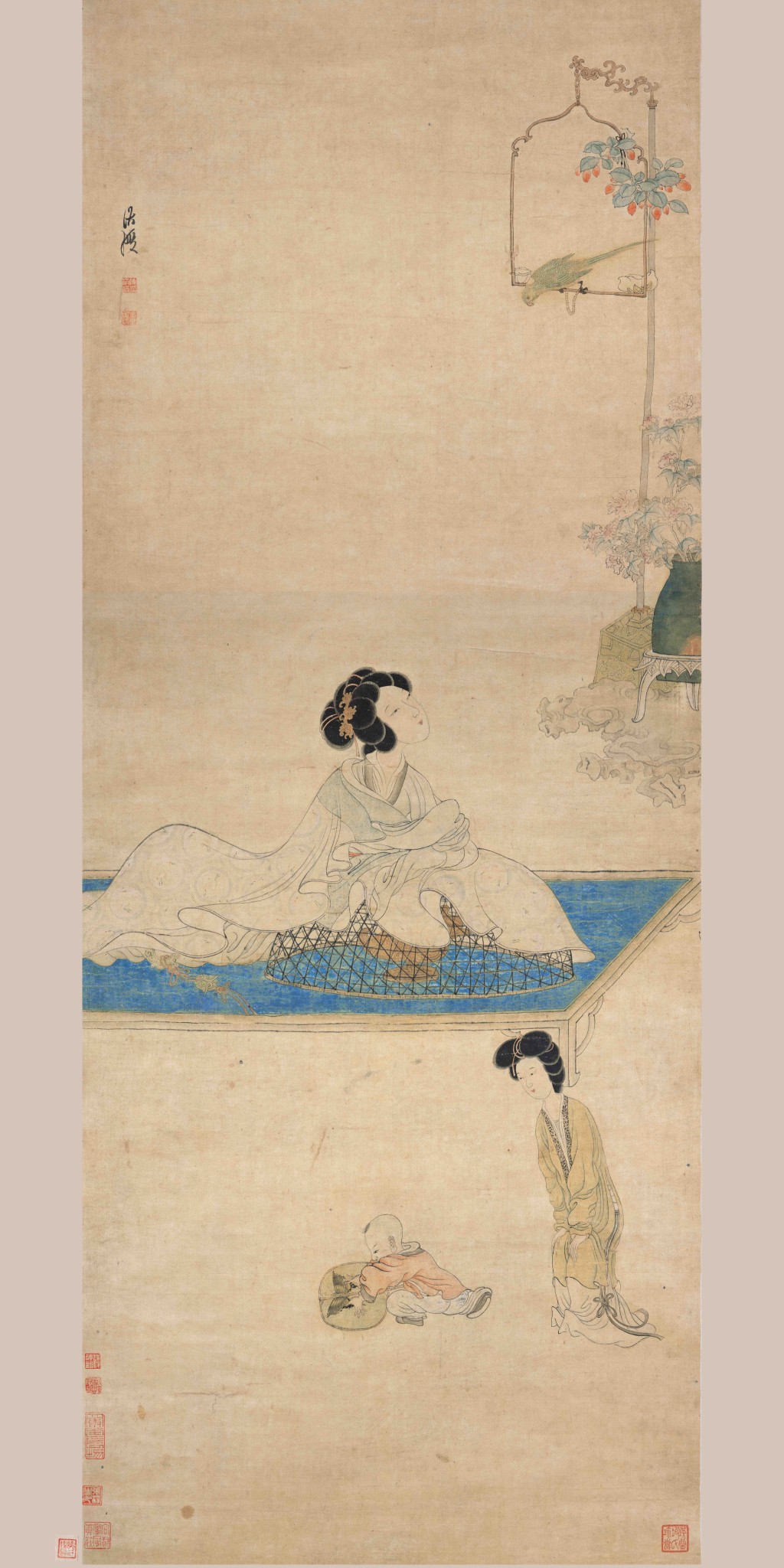 陈洪绶，《斜倚熏笼》，约1639年，绫本设色立轴，上海博物馆藏