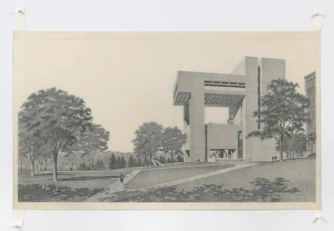 杰·亨德森·巴尔（绘图师），贝聿铭建筑事务所从康奈尔大学的人文方庭望向赫伯特约翰逊艺术博物馆（1968–1973）的景观，纽约州伊萨卡，约1968年，铅笔厚描图纸本，图片：M+，香港，获授权拍摄 © Pei Cobb Freed & Partners