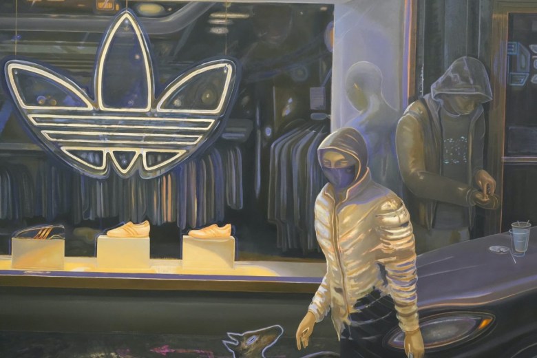 Aaron Gilbert，“The Dream Before (22)，” detail (2024)，oil on linen (photo Hrag Vartanian/Hyperallergic)