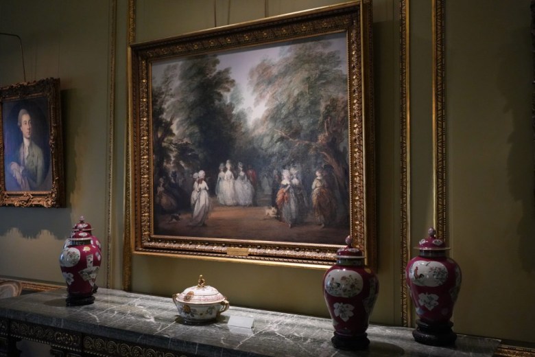 Thomas Gainsborough’s “The Mall in St. James’s Park” (c. 1783) hangs above a mantle in a second-floor gallery