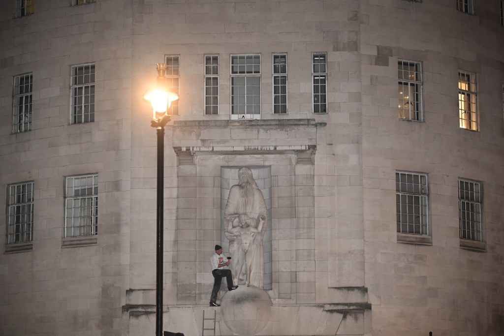 In 2022, a protester attempted to damage the statue by sculptor Eric Gill at the 