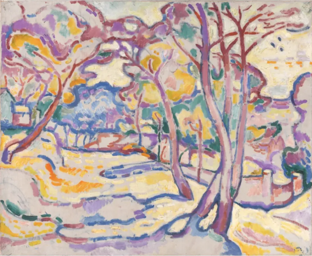 乔治·布拉克，《埃斯塔克的风景》，1906年—1907年，布面油画，50 × 61 厘米，巴黎，蓬皮杜中心，法国国家现代艺术博物馆—工业设计中心，© Georges BRAQUE/ADAGP, Paris -SACK, Seoul, 2025, Photo: © Centre Pompidou, MNAM-CCI/Philippe Migeat/Dist. GrandPalaisRmn