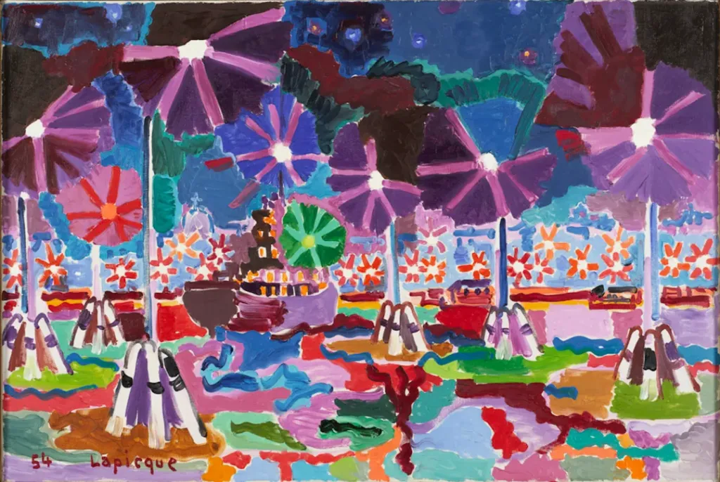 夏尔·拉皮克，《丽多岛上的黄昏》，1954年，布面油画，54 × 81 厘米，1978年由艺术家赠予，巴黎，蓬皮杜中心，法国国家现代艺术博物馆—工业设计中心 ©Charles LAPICQUE/ADAGP, Paris -SACK, Seoul, 2025 Photo: © Centre Pompidou, MNAM-CCI/Bertrand Prévost/Dist. GrandPalaisRmn
