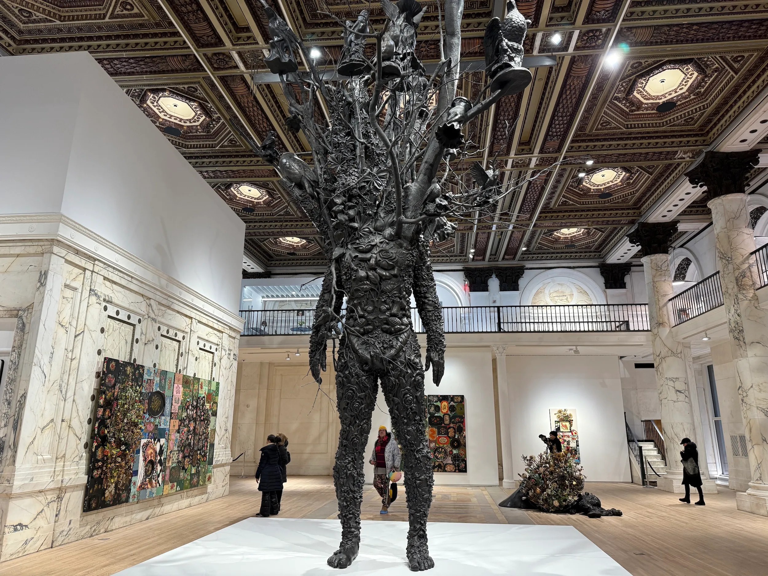 Installation view of Nick Cave: Amalgams and Graphts at Jack Shainman Gallery，New York. Center: “Amalgam (Origin)” (2024) (photo Hrag Vartanian/Hyperallergic)