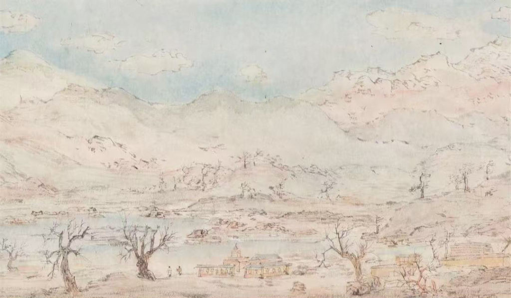 林海钟，《远眺倾多寺》（局部），纸本水墨设色，2024年