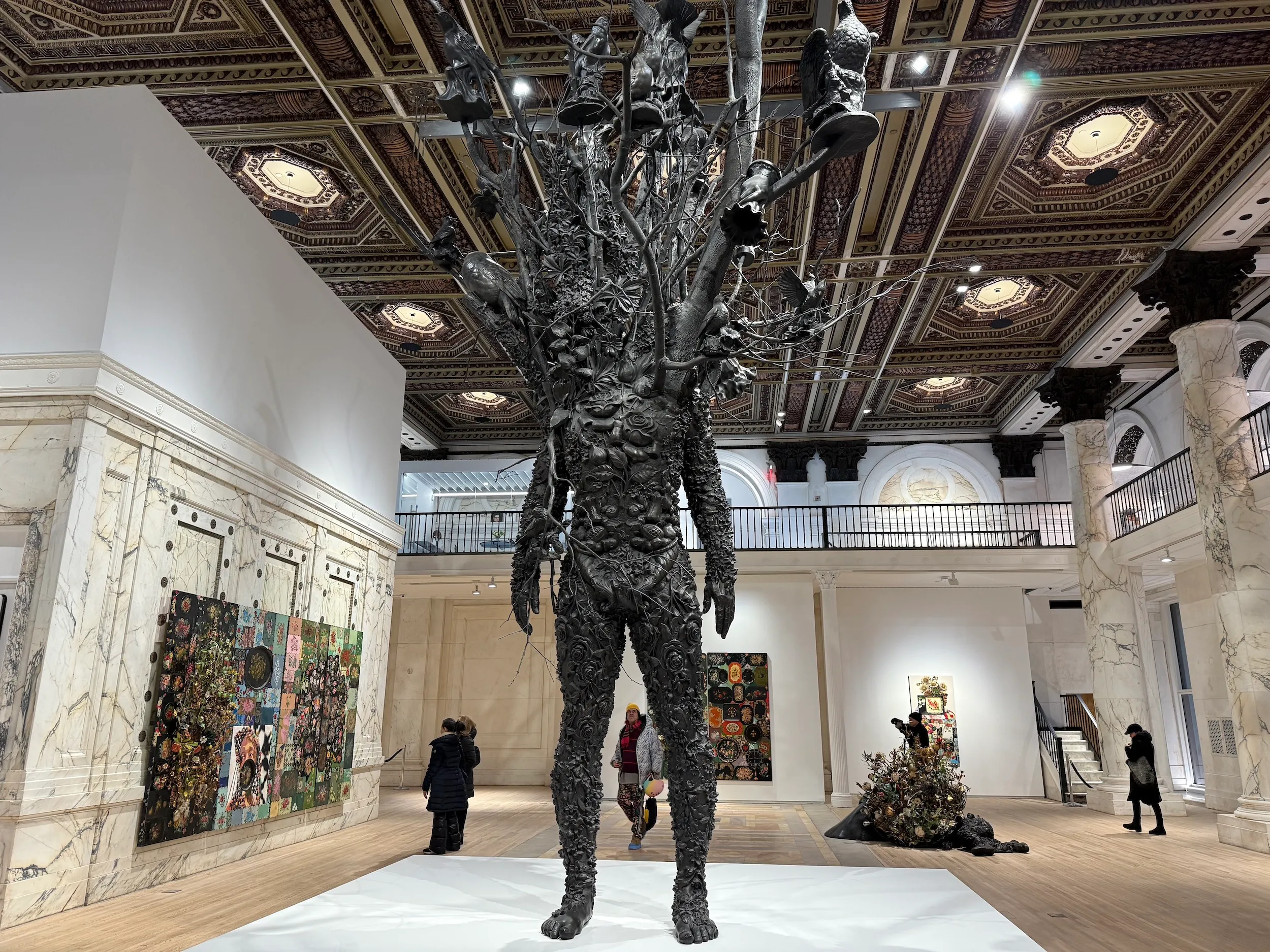 Installation view of Nick Cave: Amalgams and Graphts at Jack Shainman Gallery, New York. Center: “Amalgam (Origin)” (2024) (photo Hrag Vartanian/Hyperallergic)