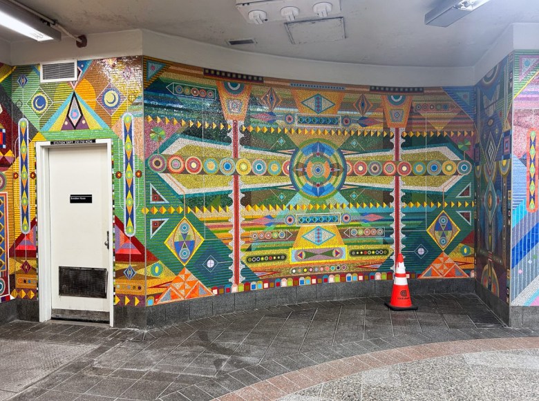 Executed in collaboration with mosaic fabricator Stephen Miotto, the mural features abstract geometries that pull from tarot symbolism.