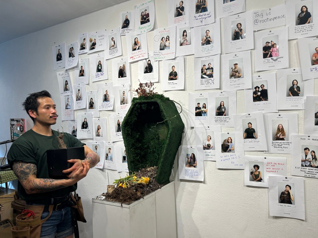 Richard Pham, founder of the Brooklyn-based business Plant Daddy MD, at the “plant funeral” at Chinatown Soup in Manhattan. (all photos Maya Pontone/Hyperallergic)