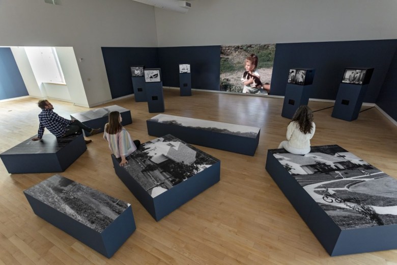 Installation view of Dara Birnbaum, “Journey: Shadow of the American Dream” (2022) at the Miller ICA at Carnegie Mellon University, 2022 (photo by Tom Little, courtesy Dara Birnbaum studio and Marian Goodman Gallery)